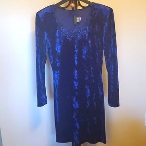 Blue Velvet Dress  Sz M  Beautiful embroidery Neckline with Sequins